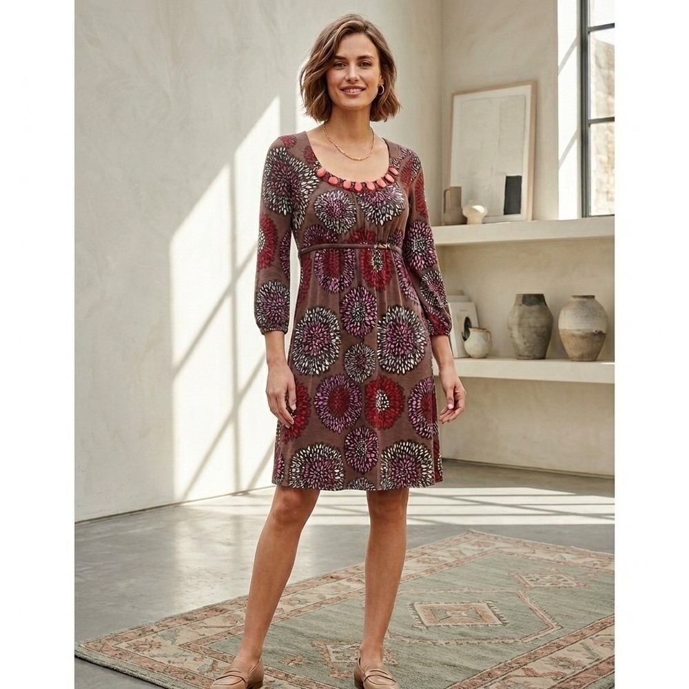 Boden Beaded Jersey Dress Women Size 6 Brown Medallion Empire Waist  Fall Colors